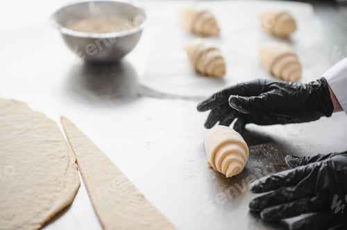 Preview: Baker making croissants: hands shaping dough on metal table