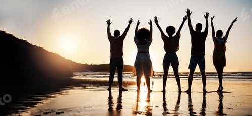 Preview: Beach, celebration and back of friends at sunset with arms up for freedom, fun and travel success.