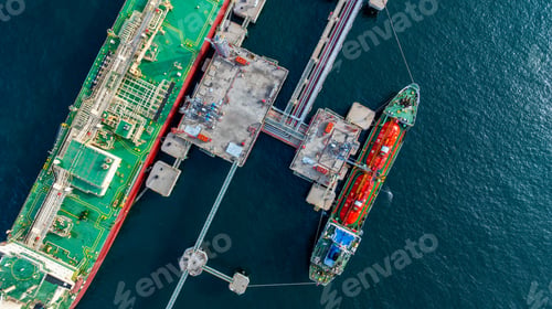 Preview: Aerial view lpg tanker ship vessel loading and unloading in oil terminal refinery, Global business