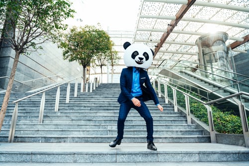 Preview: Storytelling image of a business man wearing a giant panda head