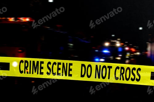 Preview: Crime Scene Do Not Cross yellow tape with police and firetruck flashing blue red lights at night