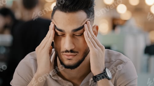 Preview: Portrait close up sad upset sick unhappy man unhealthy guy businessman has problem trouble massaging