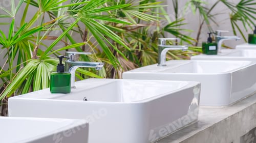 Preview: White ceramic sinks and faucets on concrete counter with palm trees decoration in outdoor restroom