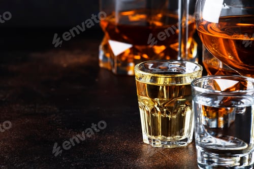 Preview: Selection of hard alcoholic drinks in big glasses and small shot glass in assortment