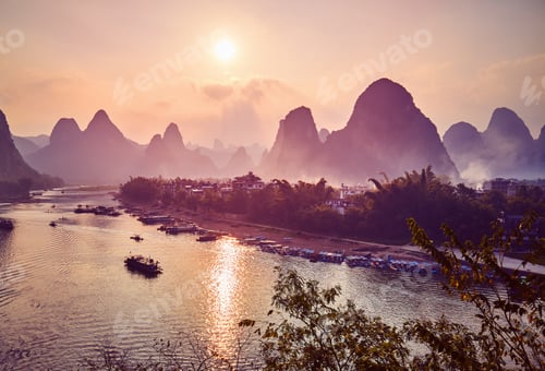 Preview: Scenic sunset over Li River in Xingping, China.