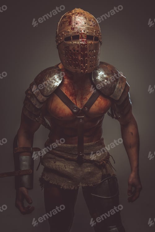 Preview: Bloody gladiator in armor and helmet.