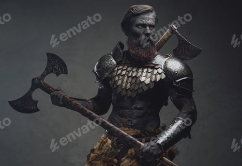 Preview: Antique evil soldier with two axes standing in dark background