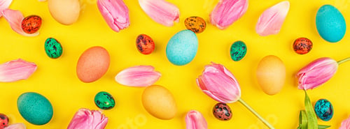 Preview: Horizontal banner for web design with painted Easter eggs and tulip flowers on yellow background