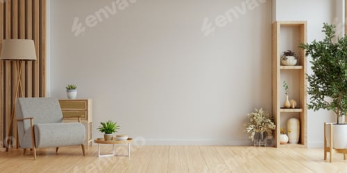 Preview: Minimal room with an armchair on empty white wall background- 3D rendering
