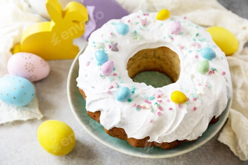Preview: Glazed easter lemon cake decorated with confectionery and mini chocolate eggs candy.