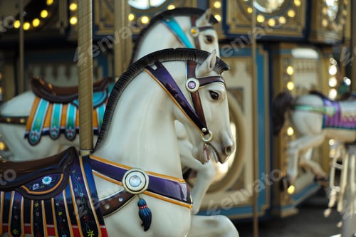 Preview: Motioned blurred picture of horse of carousel with defocused horses and bokeh lights in background.