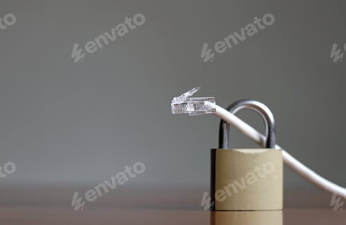 Preview: Selective focus of a LAN cable in a padlock on a gray background - concept of internet security