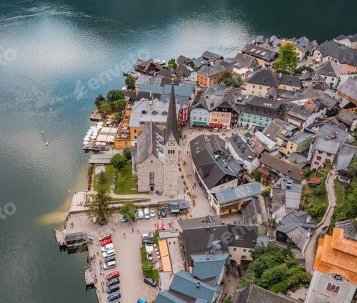 Preview: Aerial Panoramic View of the Famous Old Town Hallstatt and its Iconic Church in Salzkammergut