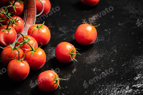 Preview: Fresh tomatoes. On black table.