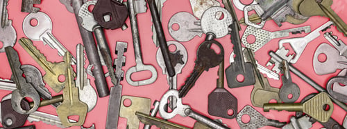 Preview: Keys set on pink background. Door lock keys and safes for proper