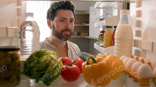 Preview: Point of view POV inside refrigerator Caucasian man husband guy male homeowner chef open fridge full