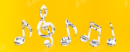 Visualização: Notas musicais e clave de sol recortadas de papel com texto musical em uma fileira sobre fundo amarelo. banner da web