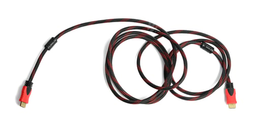 Preview: Twisted cable in a textile black sheath on a white background, hdmi adapter