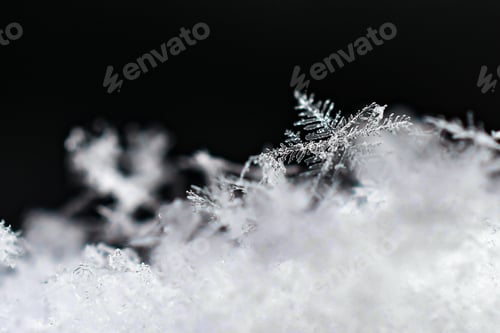 Preview: Closeup of a beautiful delicate snowflake in the fresh fallen snow against black