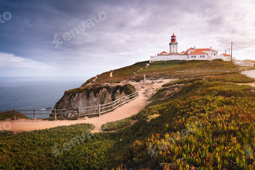 Preview: Travel to Portugal Sintra Region. View of the light house at Cabo da Roca or Cape Roca in sun light