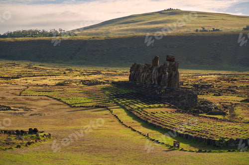 Preview: Ancient Polynesian statues on the Ahu Tongariki beach, Easter Island, Chile