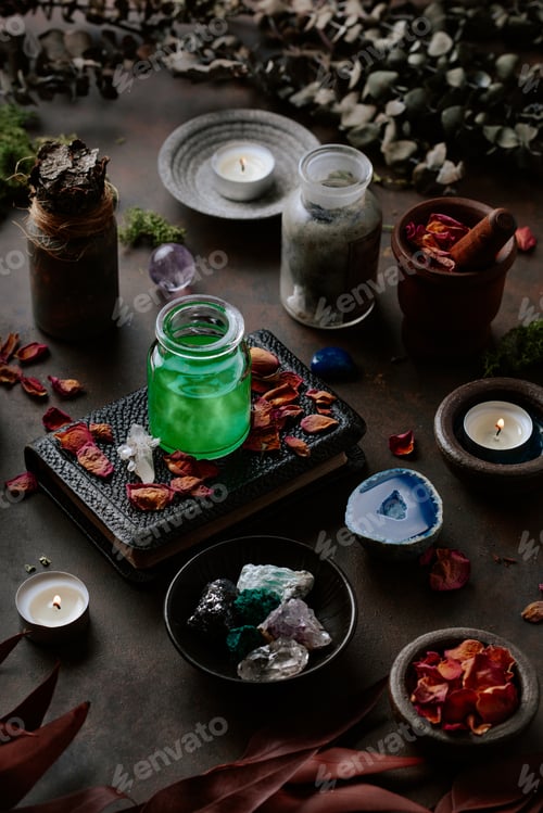 Preview: Witchcraft still life concept potion spell book, herbs ingredients candles and magical equipment
