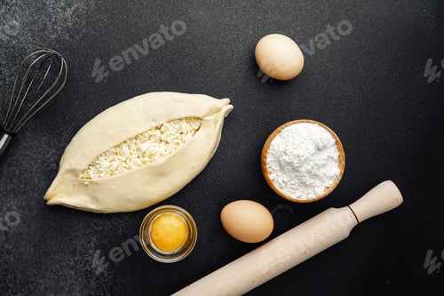 Preview: Raw khachapuri with cottage cheese and ingredients on black background