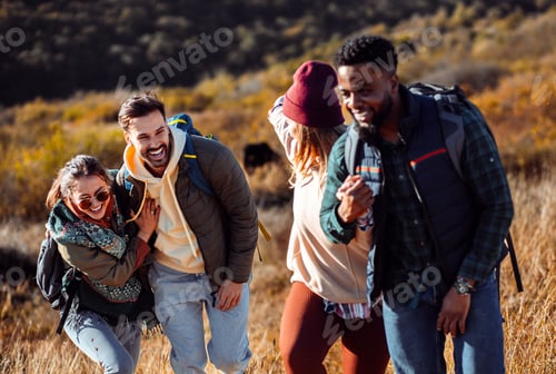 Preview: Smiling group of friends having fun while hiking together on hill.