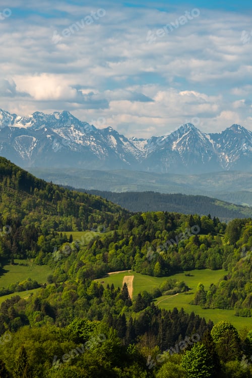 Preview: Green hills of Pieniny National Park and snowy Tatra Mountains in background in Poland