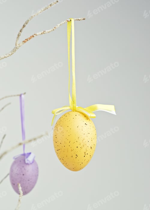 Preview: Yellow and purple decorative Easter eggs hanging on dry branch