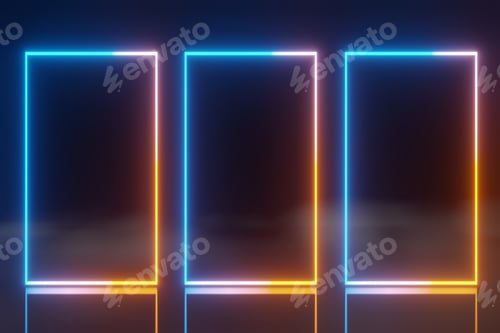 Preview: abstract technology LED screens blue orange glowing neon line animation fog background 3D rendering