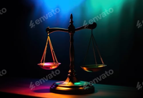 Preview: A golden balance scale sitting on top of a wooden table. Justice concept