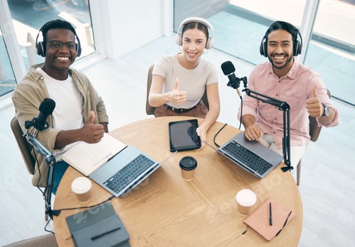Preview: Thumbs up, people in radio and hosting talk show, broadcast and content creation with people in por