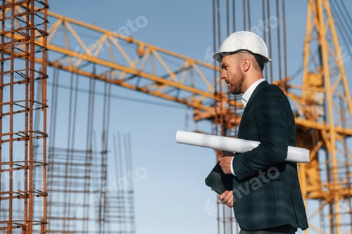 Preview: Side view. Walking and holding digital tablet. Businessman on the construction site