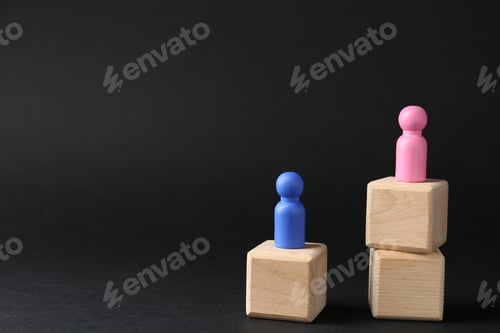 Preview: Competition concept. Human figures on wooden cubes against black background, space for text