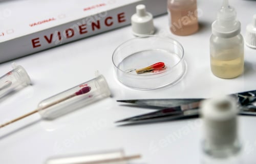 Preview: Hematological analysis with forensic test kit in a murder in a crime lab, conceptual image