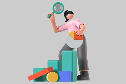 Preview: Woman examining bar graph and pie chart with magnifying glass.