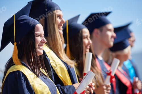 Preview: Young Graduates Students Group Standing In Front Of University Building On Graduation Day