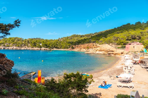 Preview: Tourists on the paradisiacal beaches on the coast of Ibiza, Playa Salada and Saladeta. Balearic