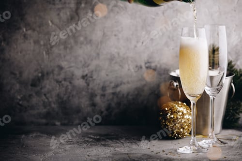 Preview: Champagne pouring into glasses and Christmas decorations