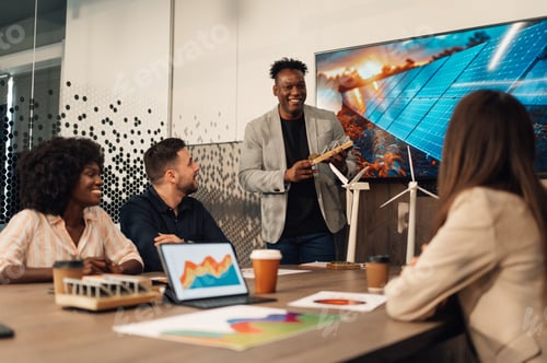 Preview: Diverse expert presenting solar panels prototype to environmentalists.