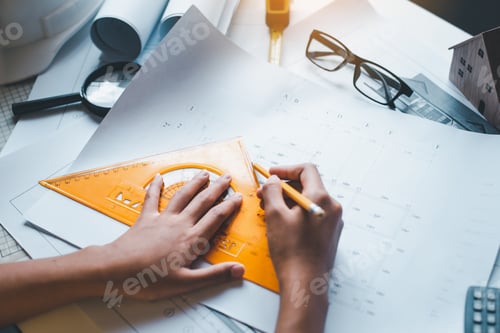 Preview: engineer working in office with blueprints, inspection in workplace for architectural plan