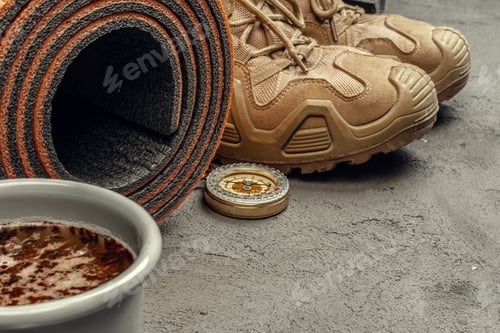 Preview: Hiking boots with travel accessories on grunge background