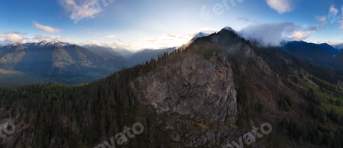 Preview: Aerial Canadian Mountain Landscape. Sunny Cloudy Sunset. BC, Canada. Nature Background Panorama