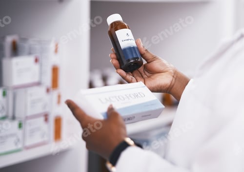 Preview: Doctor, medicine or hands of person with pills or supplements bottle in drugstore for healthcare in