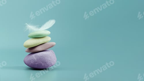 Preview: Calm and stable mindset represented by balanced colorful stones and feather, inner peace