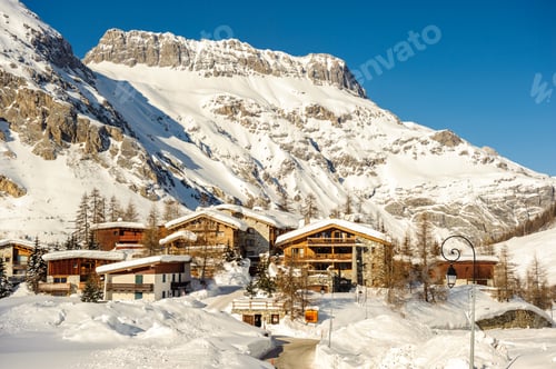 Preview: Alpine winter mountain landscape. French Alps with snow.
