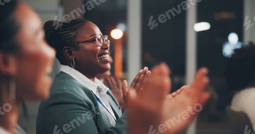 Preview: Corporate, woman and crowd with applause at seminar for success, profit increase and presentation