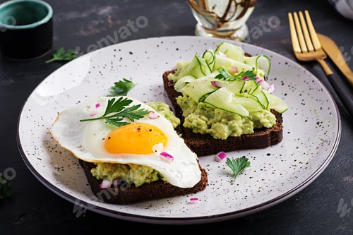Preview: Healthy breakfast. Sandwich with avocado guacamole, cucumber