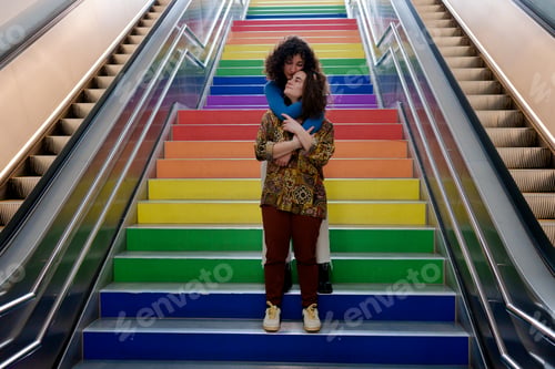 Preview: Couple of lesbian girls in love climb the lgtb stairs of lgbt flag on gay pride day